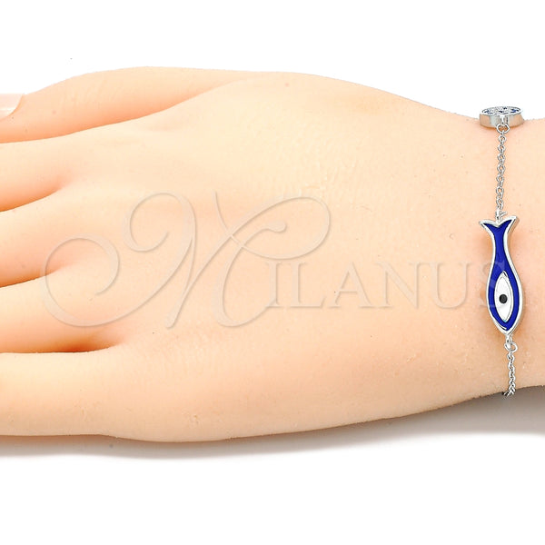 Pulsera Elegante 03.336.0078.07 Plata Rodinada, Diseño de Pescado, con Micro Pave Zafiro Azul y Blanca, Esmaltado Azul, Rodinado (Grosor 01 MM, 7 Pulgadas de Largo)