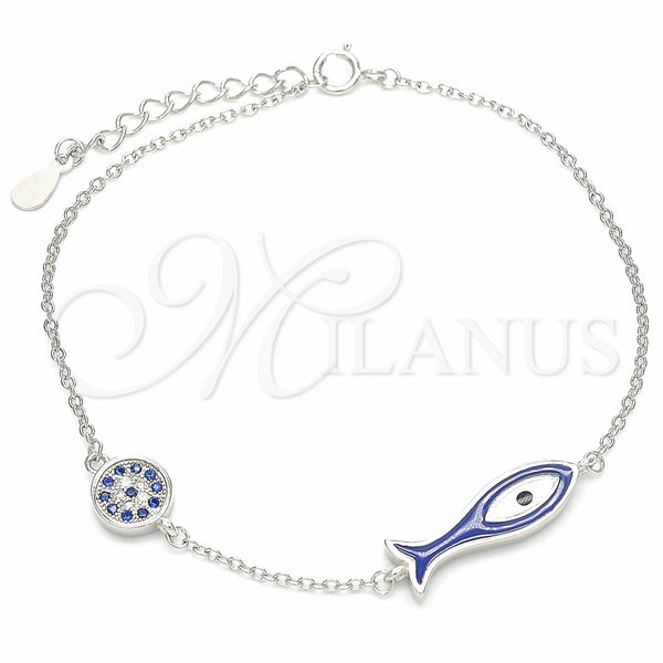 Pulsera Elegante 03.336.0078.07 Plata Rodinada, Diseño de Pescado, con Micro Pave Zafiro Azul y Blanca, Esmaltado Azul, Rodinado (Grosor 01 MM, 7 Pulgadas de Largo)