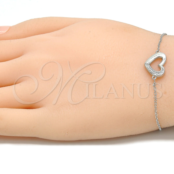 Pulsera Elegante 03.336.0079.07 Plata Rodinada, Diseño de Corazón, con Micro Pave Blanca, Pulido, Rodinado (Grosor 01 MM, 7 Pulgadas de Largo)