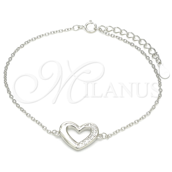 Pulsera Elegante 03.336.0079.07 Plata Rodinada, Diseño de Corazón, con Micro Pave Blanca, Pulido, Rodinado (Grosor 01 MM, 7 Pulgadas de Largo)