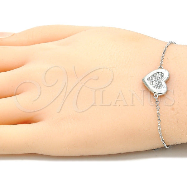 Pulsera Elegante 03.336.0081.08 Plata Rodinada, Diseño de Corazón, con Zirconia Cubica Blanca, Pulido, Rodinado (Grosor 01 MM, 8 Pulgadas de Largo)