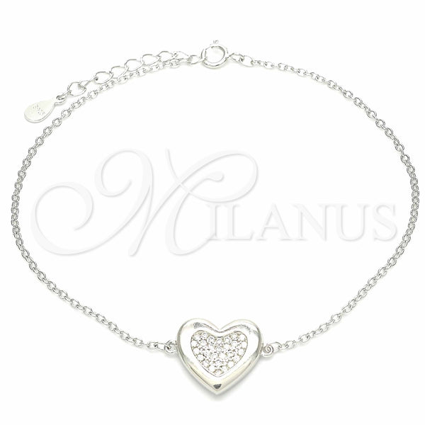 Pulsera Elegante 03.336.0081.08 Plata Rodinada, Diseño de Corazón, con Zirconia Cubica Blanca, Pulido, Rodinado (Grosor 01 MM, 8 Pulgadas de Largo)