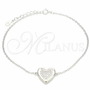 Pulsera Elegante 03.336.0081.08 Plata Rodinada, Diseño de Corazón, con Zirconia Cubica Blanca, Pulido, Rodinado (Grosor 01 MM, 8 Pulgadas de Largo)