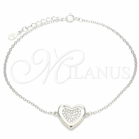 Pulsera Elegante 03.336.0081.08 Plata Rodinada, Diseño de Corazón, con Zirconia Cubica Blanca, Pulido, Rodinado (Grosor 01 MM, 8 Pulgadas de Largo)