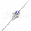 Pulsera Elegante 03.336.0090.07 Plata Rodinada, Diseño de Mano de Dios y Ojo Griego, con Zirconia Cubica Blanca, Esmaltado Azul, Rodinado (Grosor 01 MM, 7 Pulgadas de Largo)