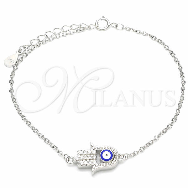 Pulsera Elegante 03.336.0090.07 Plata Rodinada, Diseño de Mano de Dios y Ojo Griego, con Zirconia Cubica Blanca, Esmaltado Azul, Rodinado (Grosor 01 MM, 7 Pulgadas de Largo)