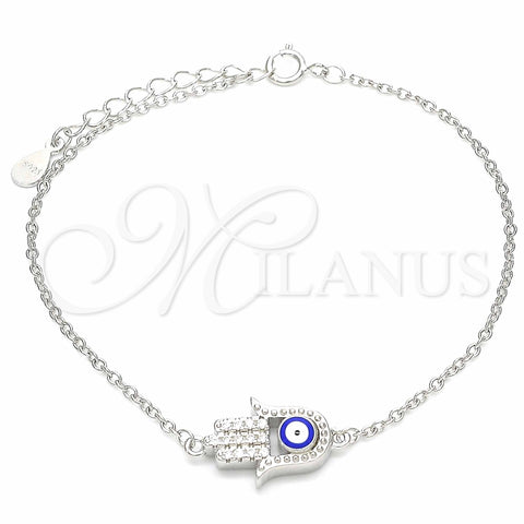 Pulsera Elegante 03.336.0090.07 Plata Rodinada, Diseño de Mano de Dios y Ojo Griego, con Blanca Zirconia Cubica, Esmaltado Azul, Rodinado (01 MM Thickness, 7 Inches Length)
