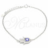 Pulsera Elegante 03.336.0090.07 Plata Rodinada, Diseño de Mano de Dios y Ojo Griego, con Zirconia Cubica Blanca, Esmaltado Azul, Rodinado (Grosor 01 MM, 7 Pulgadas de Largo)