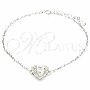 Pulsera Elegante 03.336.0094.07 Plata Rodinada, Diseño de Corazón, con Zirconia Cubica Blanca, Pulido, Rodinado (Grosor 01 MM, 7 Pulgadas de Largo)