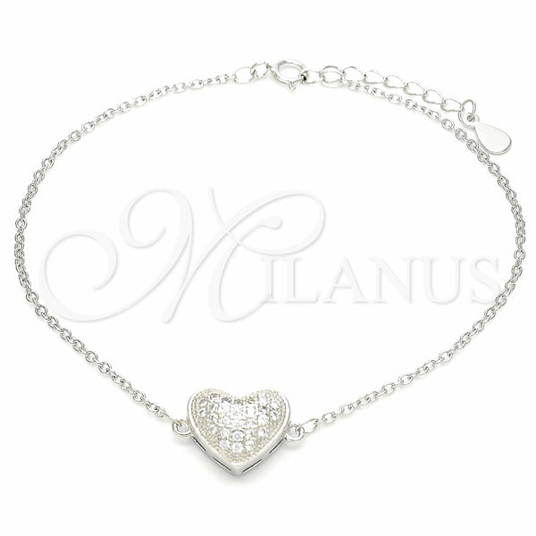 Pulsera Elegante 03.336.0094.07 Plata Rodinada, Diseño de Corazón, con Zirconia Cubica Blanca, Pulido, Rodinado (Grosor 01 MM, 7 Pulgadas de Largo)