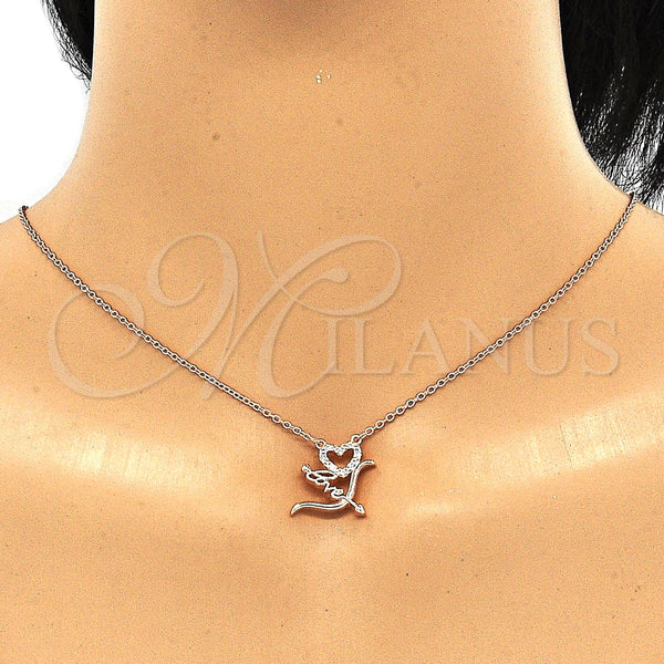 Collares con Dije 04.336.0008.1.16 Plata Rodinada, Diseño de Corazón y Amor, con Zirconia Cubica Blanca, Pulido, Tono Rosado (Grosor 01 MM, 16 Pulgadas de Largo)