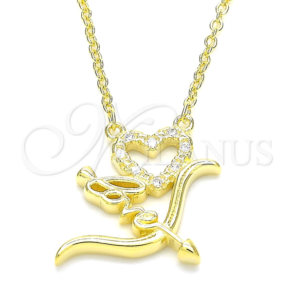 Collares con Dije 04.336.0008.2.16 Plata Rodinada, Diseño de Corazón y Amor, con Zirconia Cubica Blanca, Pulido, Tono Dorado (Grosor 01 MM, 16 Pulgadas de Largo)