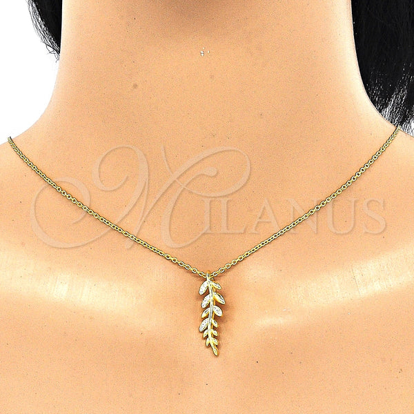 Collares con Dije 04.336.0025.2.16 Plata Rodinada, Diseño de Oja, con Blanca Micro Pave, Pulido, Tono Dorado (01 MM Thickness, 16 Inches Length)