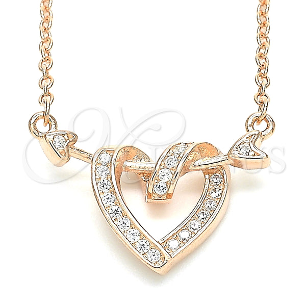 Collares con Dije 04.336.0020.1.16 Plata Rodinada, Diseño de Corazón, con Micro Pave Blanca, Pulido, Tono Rosado (Grosor 01 MM, 16 Pulgadas de Largo)
