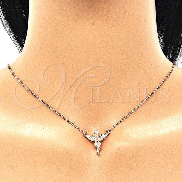 Collares con Dije 04.336.0012.1.16 Plata Rodinada, Diseño de Angel, con Micro Pave Blanca, Pulido, Tono Rosado (Grosor 01 MM, 16 Pulgadas de Largo)