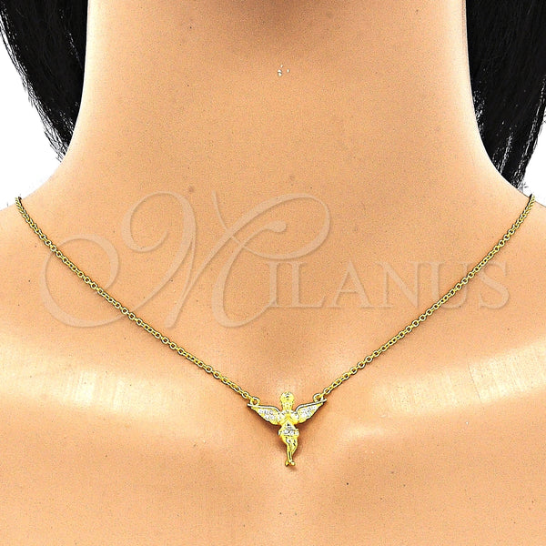 Collares con Dije 04.336.0012.2.16 Plata Rodinada, Diseño de Angel, con Micro Pave Blanca, Pulido, Tono Dorado (Grosor 01 MM, 16 Pulgadas de Largo)