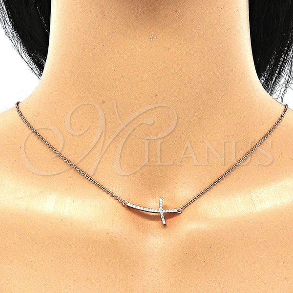 Collares con Dije 04.336.0180.1.16 Plata Rodinada, Diseño de Cruz, con Zirconia Cubica Blanca, Pulido, Tono Rosado (Grosor 01 MM, 16 Pulgadas de Largo)