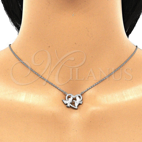 Collares con Dije 04.336.0183.16 Plata Rodinada, Diseño de Pajaro y Corazón, con Micro Pave Blanca, Pulido, Rodinado (Grosor 01 MM, 16 Pulgadas de Largo)