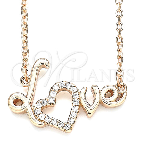 Collares con Dije 04.336.0185.1.16 Plata Rodinada, Diseño de Amor y Corazón, con Zirconia Cubica Blanca, Pulido, Tono Rosado (Grosor 01 MM, 16 Pulgadas de Largo)