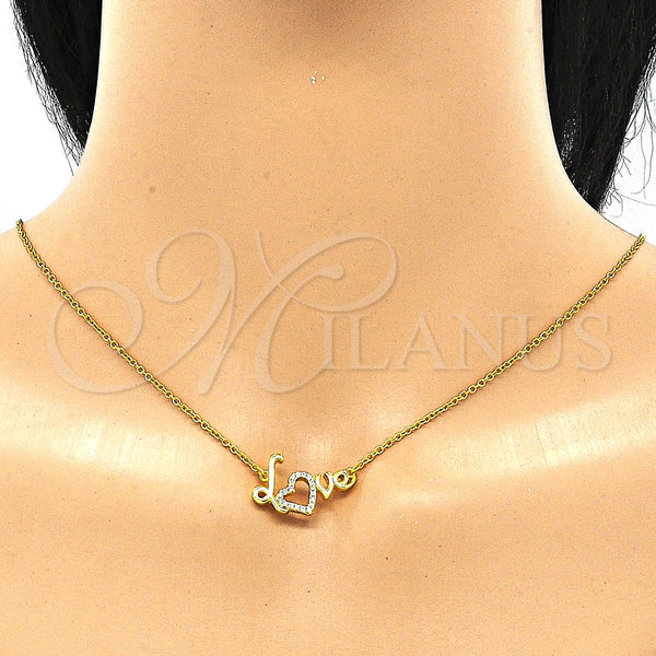 Collares con Dije 04.336.0185.2.16 Plata Rodinada, Diseño de Amor y Corazón, con Zirconia Cubica Blanca, Pulido, Tono Dorado (Grosor 01 MM, 16 Pulgadas de Largo)
