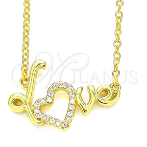 Collares con Dije 04.336.0185.2.16 Plata Rodinada, Diseño de Amor y Corazón, con Zirconia Cubica Blanca, Pulido, Tono Dorado (Grosor 01 MM, 16 Pulgadas de Largo)