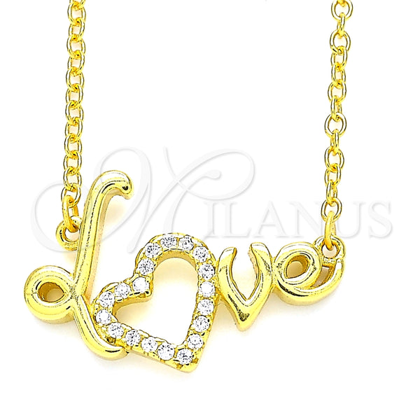 Collares con Dije 04.336.0185.2.16 Plata Rodinada, Diseño de Amor y Corazón, con Zirconia Cubica Blanca, Pulido, Tono Dorado (Grosor 01 MM, 16 Pulgadas de Largo)