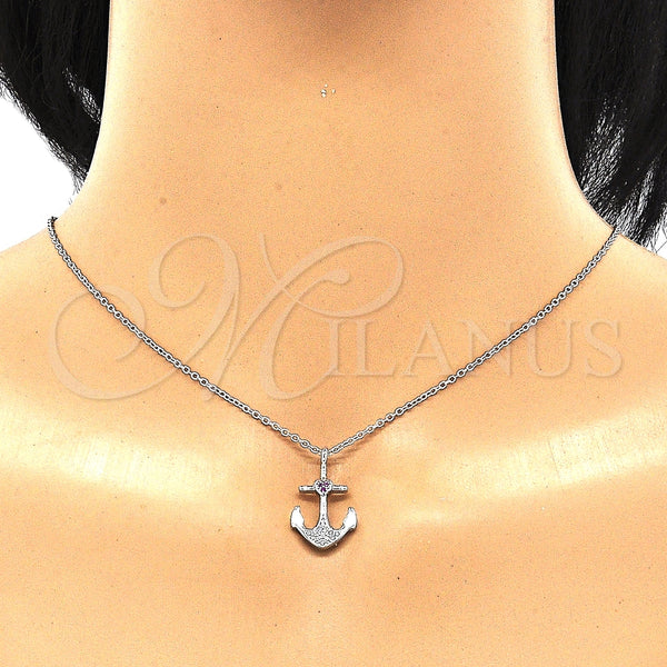 Collares con Dije 04.336.0187.16 Plata Rodinada, Diseño de Ancla y Corazón, con Micro Pave Rubi y Blanca, Pulido, Rodinado (Grosor 01 MM, 16 Pulgadas de Largo)