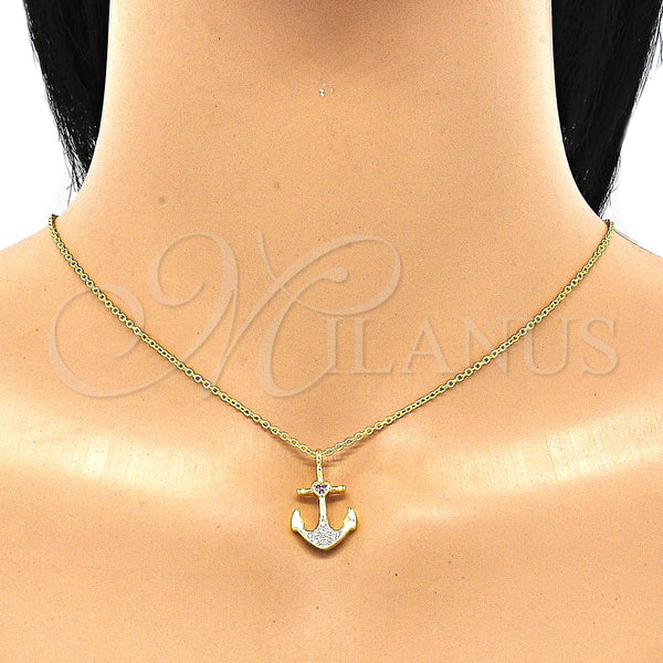 Collares con Dije 04.336.0187.2.16 Plata Rodinada, Diseño de Ancla y Corazón, con Micro Pave Rubi y Blanca, Pulido, Tono Dorado (Grosor 01 MM, 16 Pulgadas de Largo)