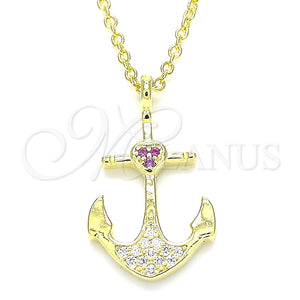 Collares con Dije 04.336.0187.2.16 Plata Rodinada, Diseño de Ancla y Corazón, con Micro Pave Rubi y Blanca, Pulido, Tono Dorado (Grosor 01 MM, 16 Pulgadas de Largo)