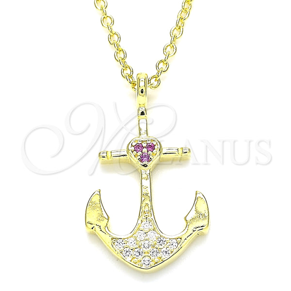 Collares con Dije 04.336.0187.2.16 Plata Rodinada, Diseño de Ancla y Corazón, con Micro Pave Rubi y Blanca, Pulido, Tono Dorado (Grosor 01 MM, 16 Pulgadas de Largo)