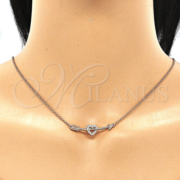 Collares con Dije 04.336.0191.1.16 Plata Rodinada, Diseño de Corazón, con Blanca Zirconia Cubica, Pulido, Tono Rosado (01 MM Thickness, 16 Inches Length)