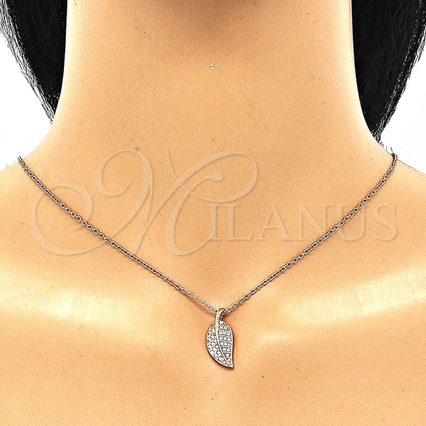 Collares con Dije 04.336.0194.1.16 Plata Rodinada, Diseño de Oja, con Zirconia Cubica Blanca, Pulido, Tono Rosado (Grosor 01 MM, 16 Pulgadas de Largo)