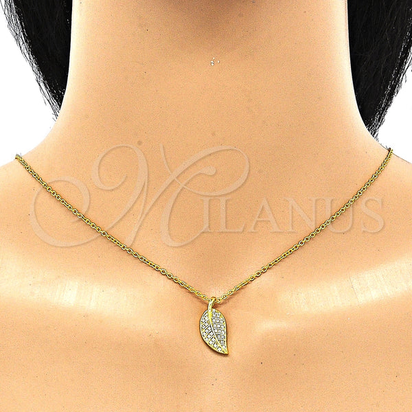 Collares con Dije 04.336.0194.2.16 Plata Rodinada, Diseño de Oja, con Zirconia Cubica Blanca, Pulido, Tono Dorado (Grosor 01 MM, 16 Pulgadas de Largo)