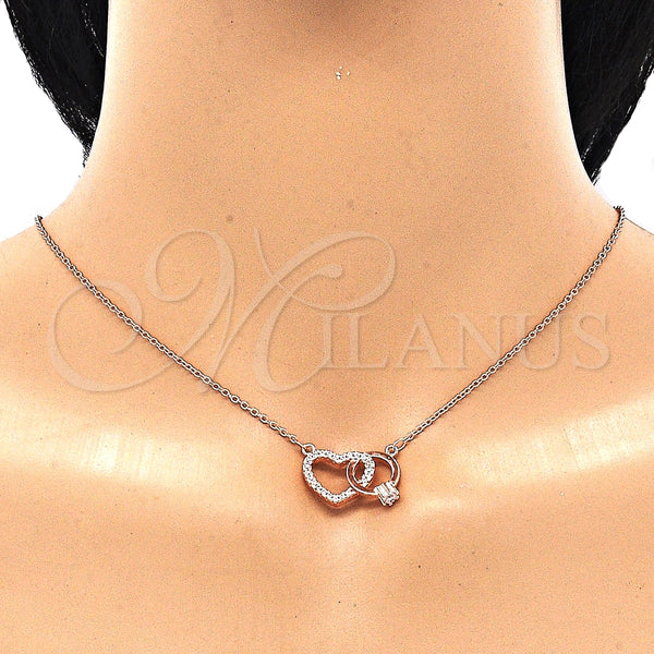 Collares con Dije 04.336.0023.1.16 Plata Rodinada, Diseño de Corazón, con Zirconia Cubica Blanca y Cristal Blanca, Pulido, Tono Rosado (Grosor 01 MM, 16 Pulgadas de Largo)