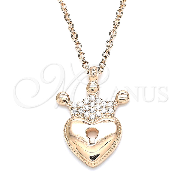 Collares con Dije 04.336.0010.1.16 Plata Rodinada, Diseño de Candado y Corona, con Zirconia Cubica Blanca, Pulido, Tono Rosado (Grosor 01 MM, 16 Pulgadas de Largo)