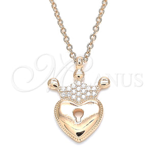 Collares con Dije 04.336.0010.1.16 Plata Rodinada, Diseño de Candado y Corona, con Zirconia Cubica Blanca, Pulido, Tono Rosado (Grosor 01 MM, 16 Pulgadas de Largo)