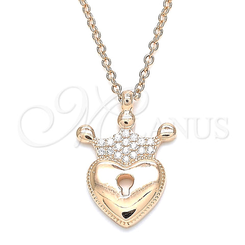 Collares con Dije 04.336.0010.1.16 Plata Rodinada, Diseño de Candado y Corona, con Zirconia Cubica Blanca, Pulido, Tono Rosado (Grosor 01 MM, 16 Pulgadas de Largo)
