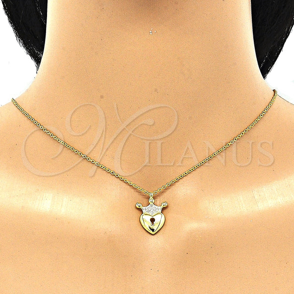 Collares con Dije 04.336.0010.2.16 Plata Rodinada, Diseño de Candado y Corona, Pulido, Tono Dorado (Grosor 01 MM, 6 Pulgadas de Largo)