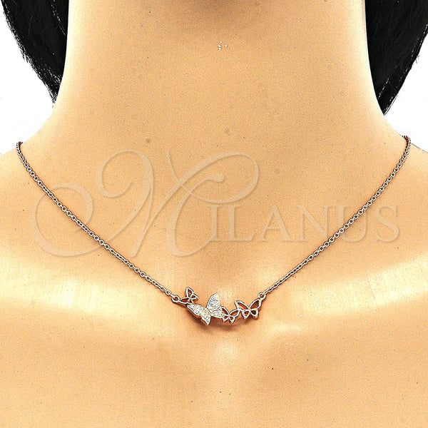 Collares con Dije 04.336.0014.1.16 Plata Rodinada, Diseño de Mariposa, con Micro Pave Blanca, Pulido, Tono Rosado (Grosor 01 MM, 16 Pulgadas de Largo)