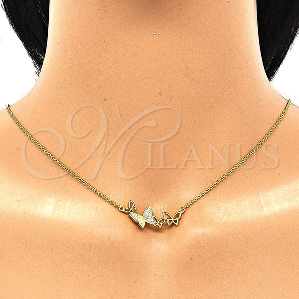 Collares con Dije 04.336.0014.2.16 Plata Rodinada, Diseño de Mariposa, con Micro Pave Blanca, Pulido, Tono Dorado (Grosor 01 MM, 16 Pulgadas de Largo)