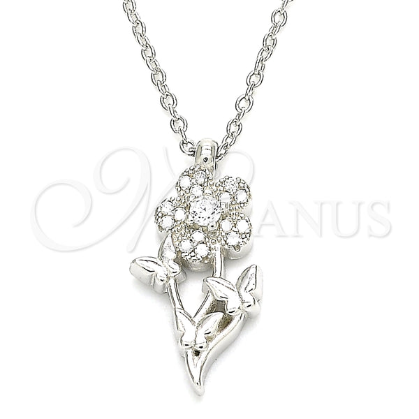 Collares con Dije 04.336.0200.16 Plata Rodinada, Diseño de Flor y Mariposa, con Zirconia Cubica Blanca, Pulido, Rodinado (Grosor 01 MM, 16 Pulgadas de Largo)