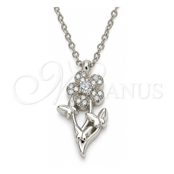 Collares con Dije 04.336.0200.16 Plata Rodinada, Diseño de Flor y Mariposa, con Zirconia Cubica Blanca, Pulido, Rodinado (Grosor 01 MM, 16 Pulgadas de Largo)
