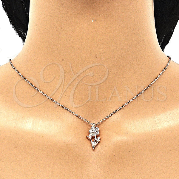 Collares con Dije 04.336.0200.1.16 Plata Rodinada, Diseño de Flor y Mariposa, con Zirconia Cubica Blanca y Cristal Blanca, Pulido, Tono Rosado (Grosor 01 MM, 16 Pulgadas de Largo)