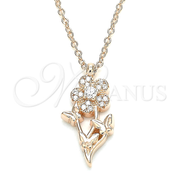 Collares con Dije 04.336.0200.1.16 Plata Rodinada, Diseño de Flor y Mariposa, con Zirconia Cubica Blanca y Cristal Blanca, Pulido, Tono Rosado (Grosor 01 MM, 16 Pulgadas de Largo)