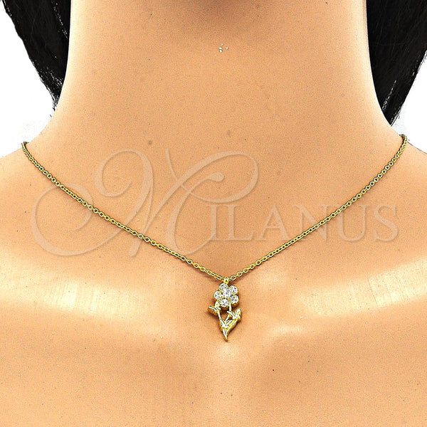 Collares con Dije 04.336.0200.2.16 Plata Rodinada, Diseño de Flor y Mariposa, con Blanca Zirconia Cubica and Blanca Cristal, Pulido, Tono Dorado (01 MM Thickness, 16 Inches Length)