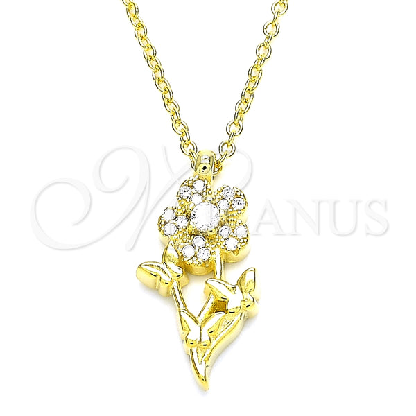 Collares con Dije 04.336.0200.2.16 Plata Rodinada, Diseño de Flor y Mariposa, con Blanca Zirconia Cubica and Blanca Cristal, Pulido, Tono Dorado (01 MM Thickness, 16 Inches Length)