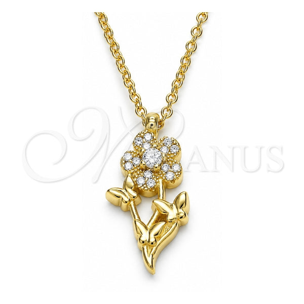 Collares con Dije 04.336.0200.2.16 Plata Rodinada, Diseño de Flor y Mariposa, con Zirconia Cubica Blanca y Cristal Blanca, Pulido, Tono Dorado (Grosor 01 MM, 16 Pulgadas de Largo)