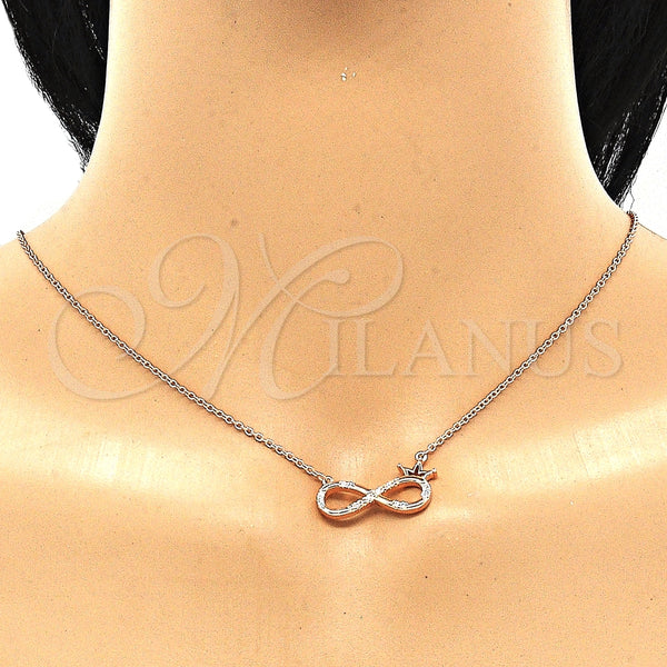 Collares con Dije 04.336.0018.1.16 Plata Rodinada, Diseño de Infinito y Corona, con Zirconia Cubica Blanca, Pulido, Tono Rosado (Grosor 01 MM, 16 Pulgadas de Largo)
