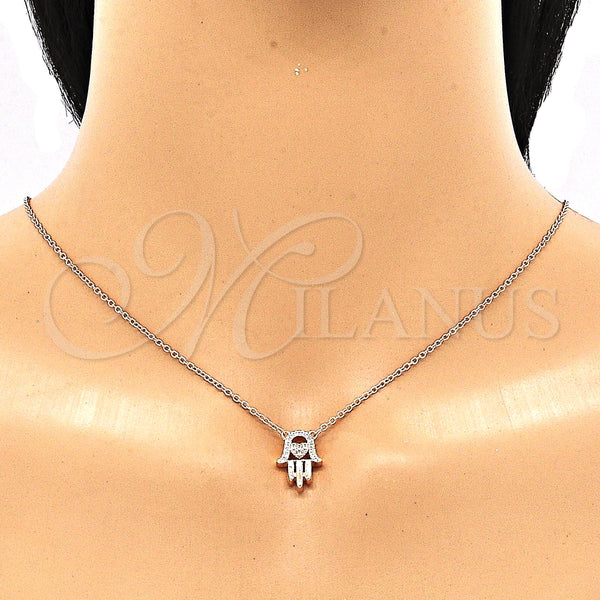 Collares con Dije 04.336.0213.1.16 Plata Rodinada, Diseño de Mano de Dios y Corazón, con Zirconia Cubica Blanca, Pulido, Tono Rosado (Grosor 01 MM, 16 Pulgadas de Largo)