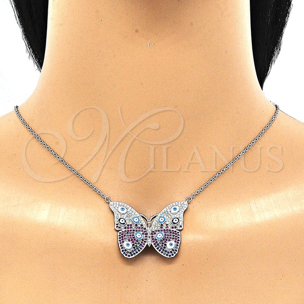 Collares con Dije 04.336.0215.16 Plata Rodinada, Diseño de Mariposa y Ojo Griego, con Micro Pave Blanca, Esmaltado Multicolor, Rodinado (Grosor 02 MM, 16 Pulgadas de Largo)